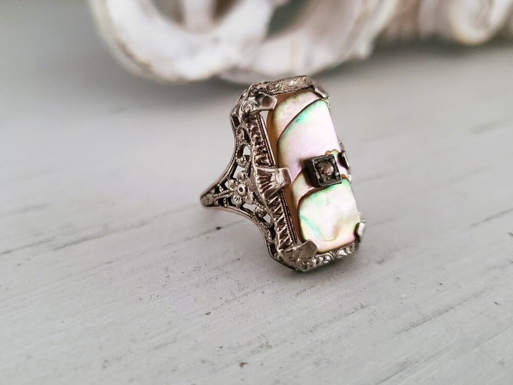 Vintage Art Deco Mother of Pearl Sterling Silver Pinky Ring